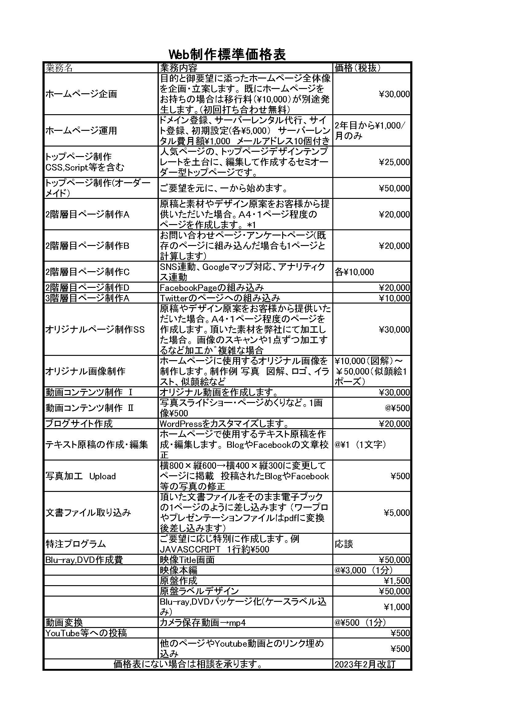Web料金表