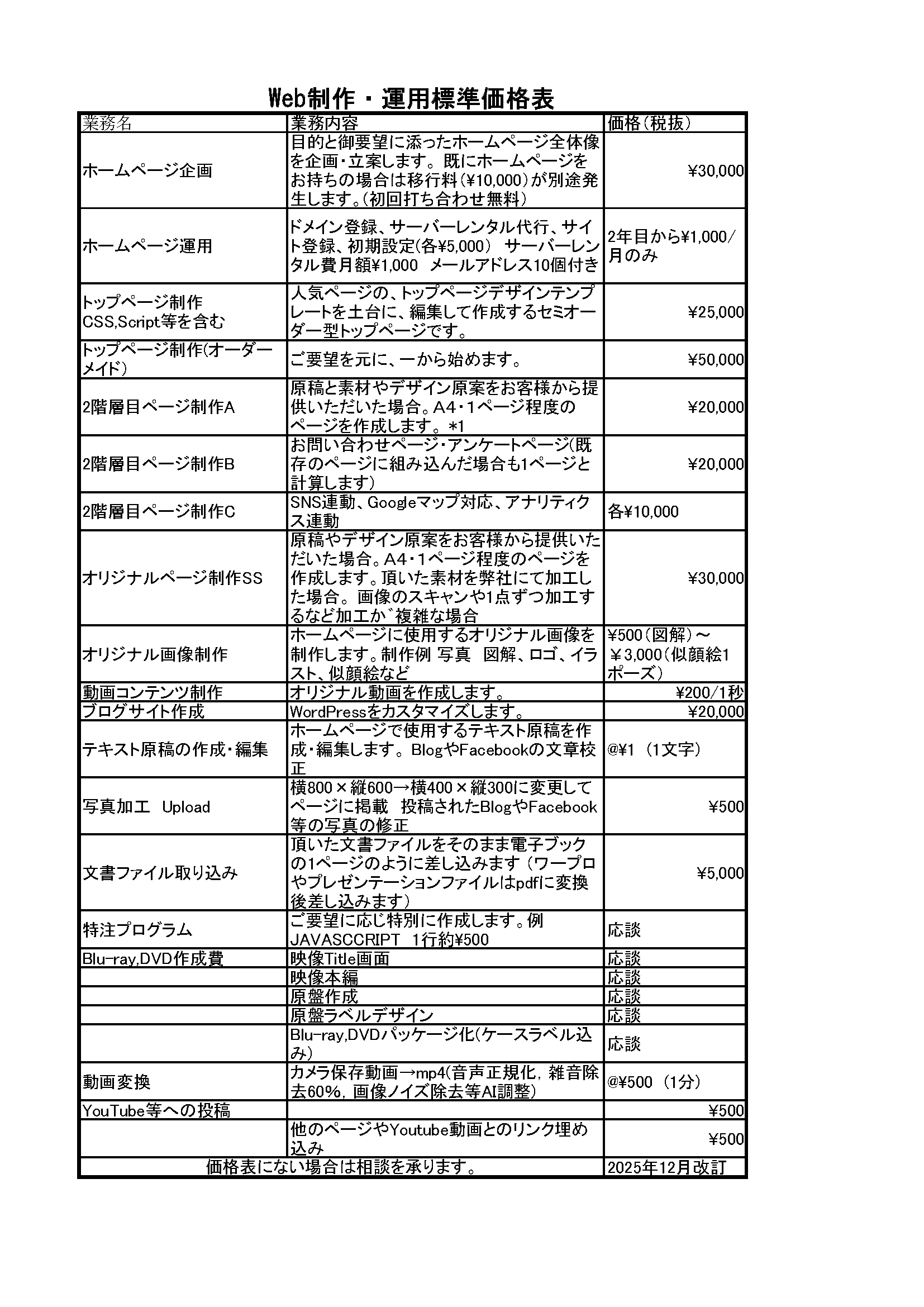 Web料金表